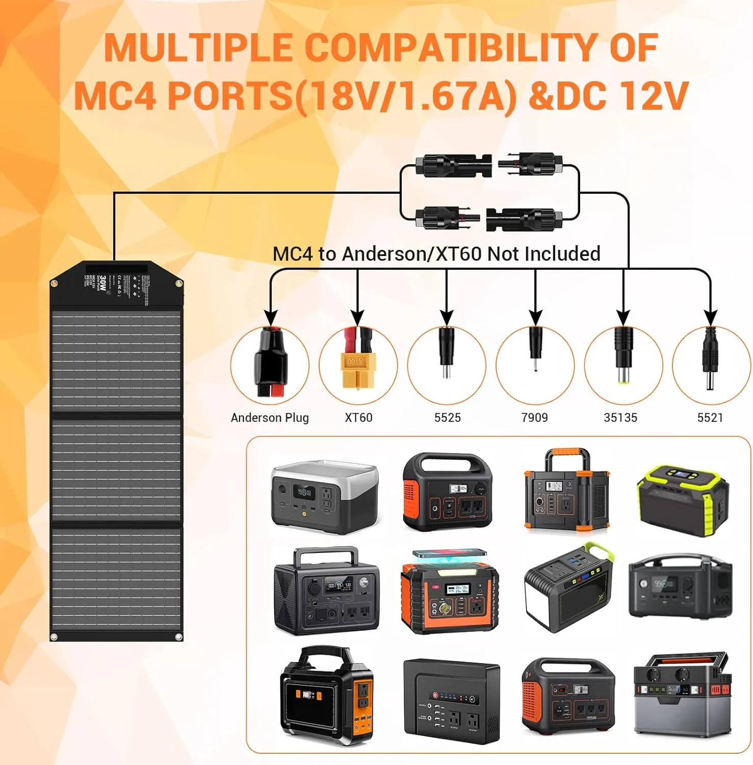 30W Portable Solar Charger Foldable Solar Panel with USB C and USB A 18V MC4 12V DC for Camping Backpacking Travel Fast Charging for iPhone LG Google Cell Phone Power Bank Generator Power Station