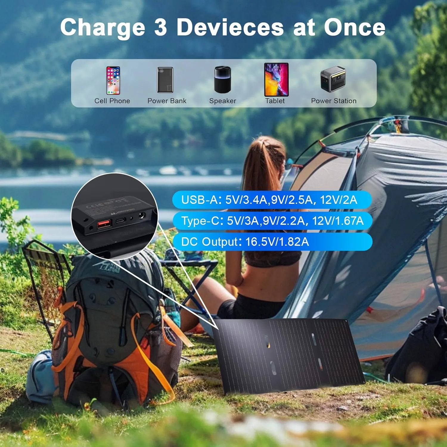30W Portable Solar Panel, Foldable Solar Panel Charger with QC3.0 USB-A USB-C & DC Output for Phone/Power Bank/iPad/Power Station, IP65 Waterproof for Camping Backpacking Hiking RV Blackout
