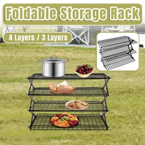 3/4 Tier Camping Dining Rack Iron Shelf Portable Picnic Rack Foldable Storage Table