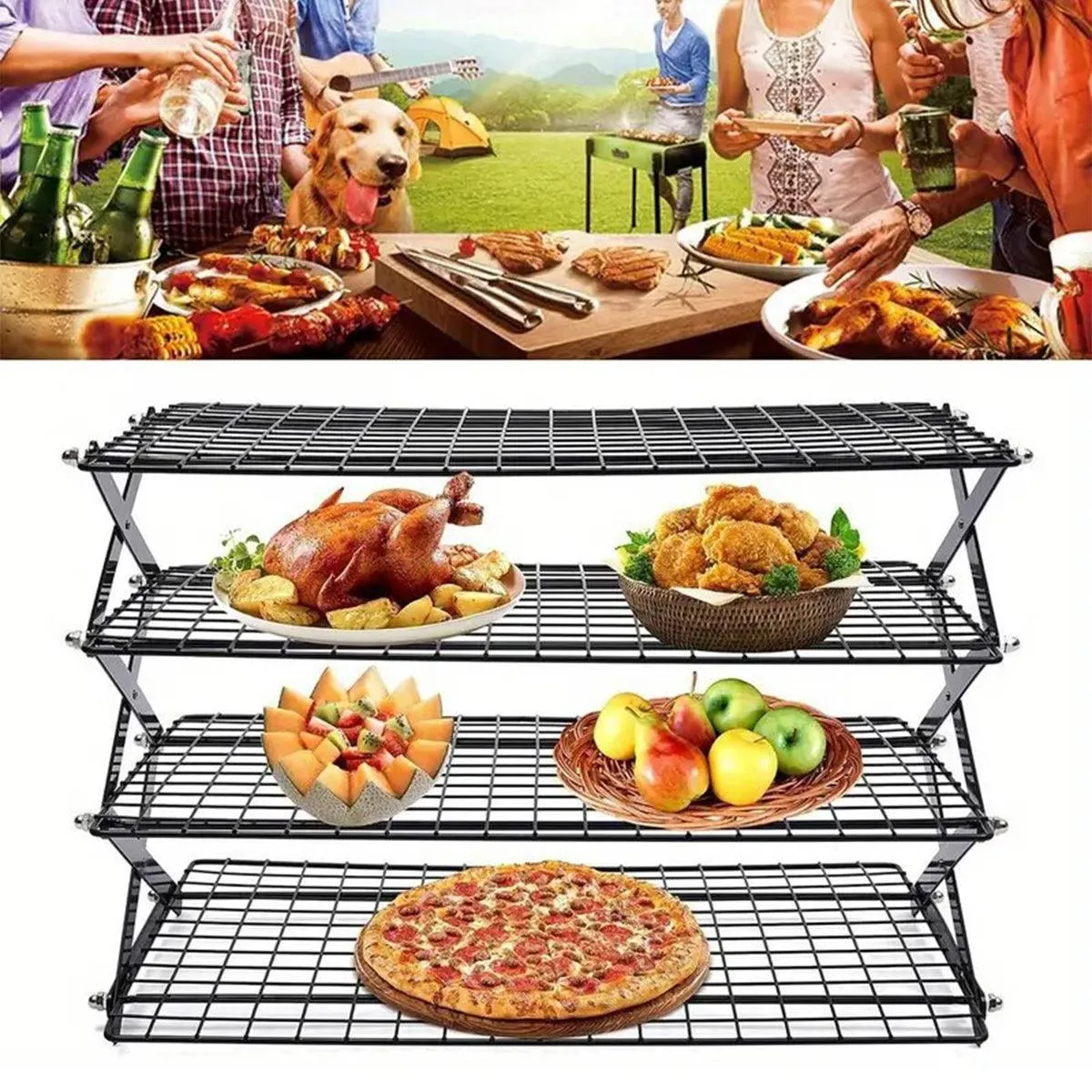 3/4 Tier Camping Dining Rack Iron Shelf Portable Picnic Rack Foldable Storage Table