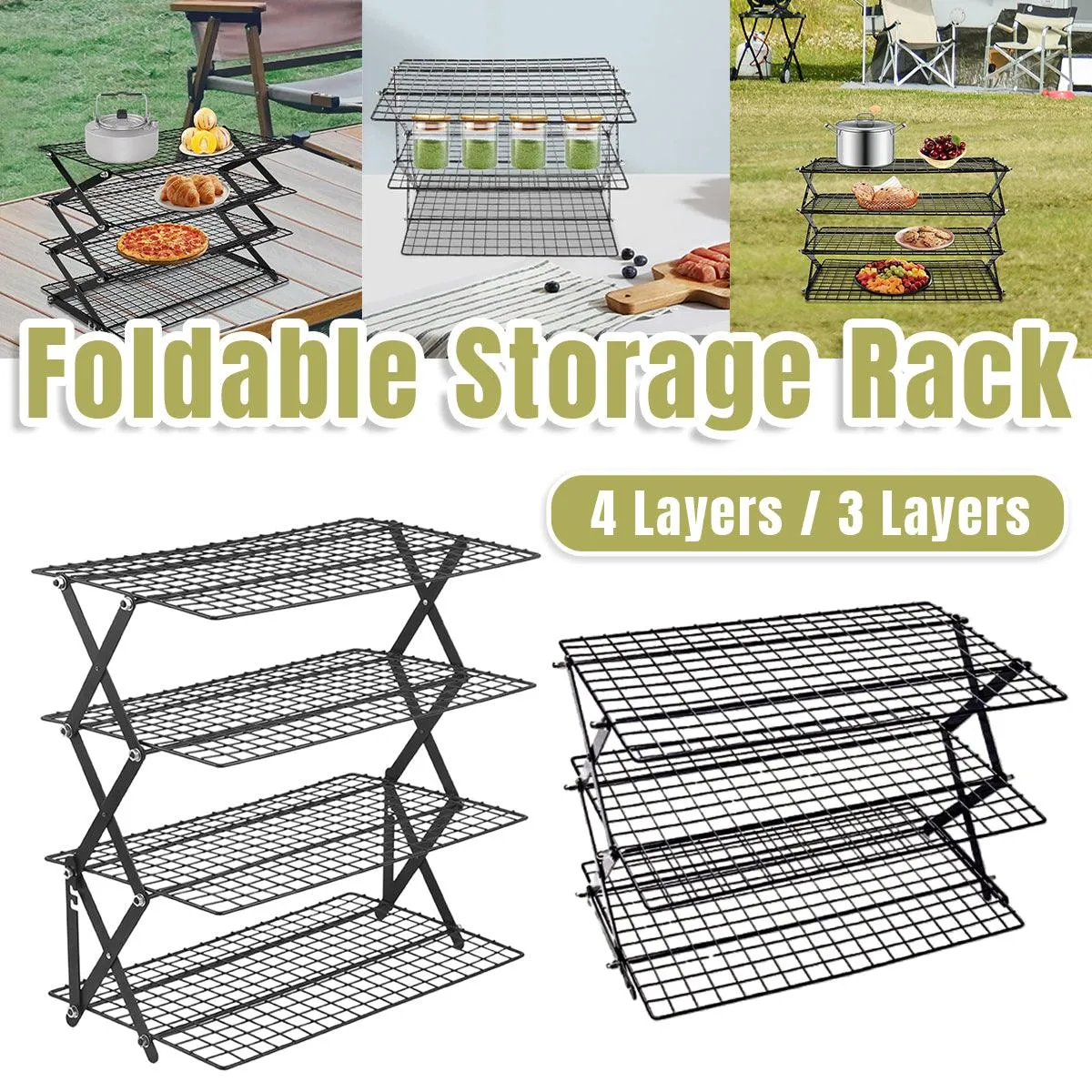 3/4 Tier Camping Dining Rack Iron Shelf Portable Picnic Rack Foldable Storage Table