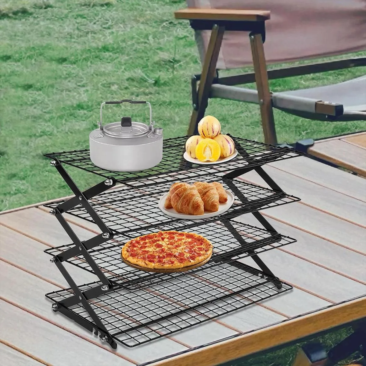 3/4 Tier Camping Dining Rack Iron Shelf Portable Picnic Rack Foldable Storage Table