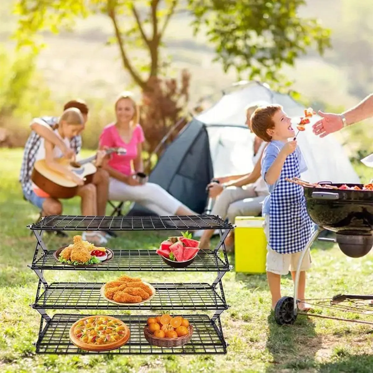 3/4 Tier Camping Dining Rack Iron Shelf Portable Picnic Rack Foldable Storage Table