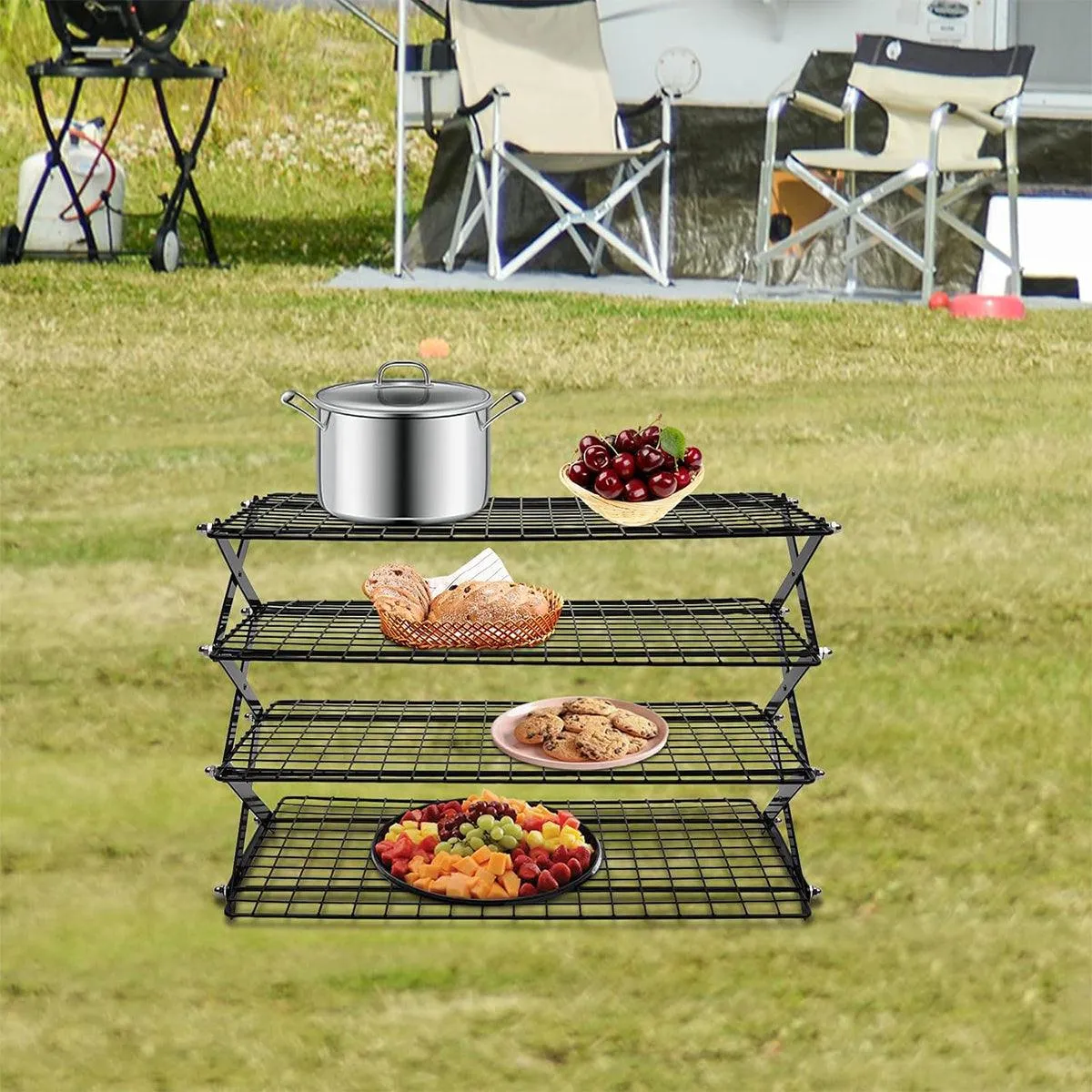 3/4 Tier Camping Dining Rack Iron Shelf Portable Picnic Rack Foldable Storage Table