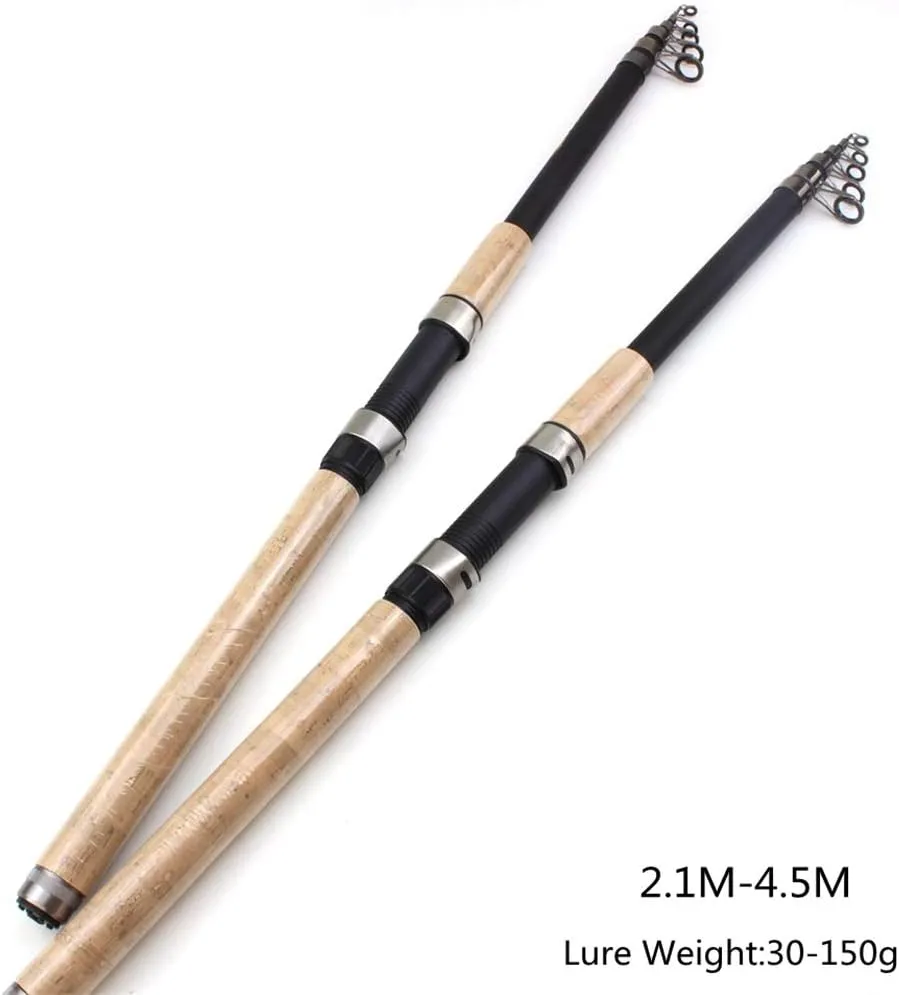 3.6m 4.5m Telescopic Spinning Fishing Rod Carbon Wooden Handle carp Fishing Pole sea Rock Fishing Rod Test 30-150g (Size : 220cm) (210cm)