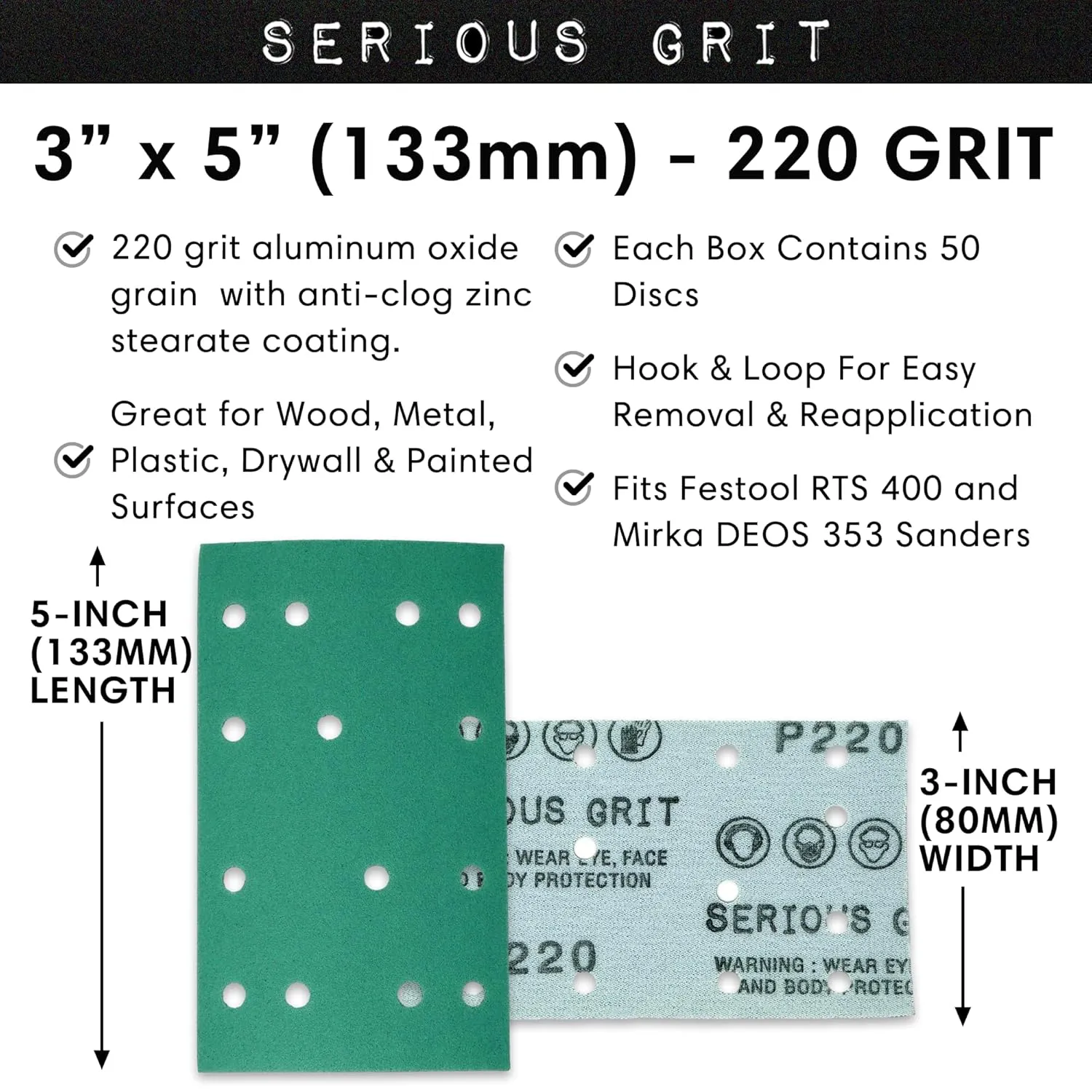 3" x 5" (80mm x 133mm) 14-Hole 220 Grit Sanding Sheets - Fits Festool RTS 400 & Mirka Deos 353 - Heavy-Duty Hook & Loop Film Abrasives - Sandpaper for Sheet Sanders - 50 Pack Box