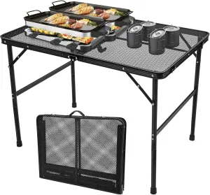 3x2 FT Folding Camping Table Foldable Grill Table for Outdoor BBQ, Metal Portable Camping Grill Stand with Mesh Desktop, Adjustable Height Lightweight BBQ Tables Black