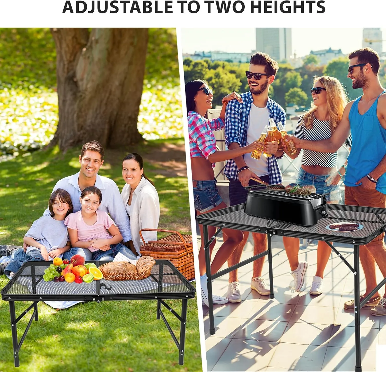 3x2 FT Folding Camping Table Foldable Grill Table for Outdoor BBQ, Metal Portable Camping Grill Stand with Mesh Desktop, Adjustable Height Lightweight BBQ Tables Black