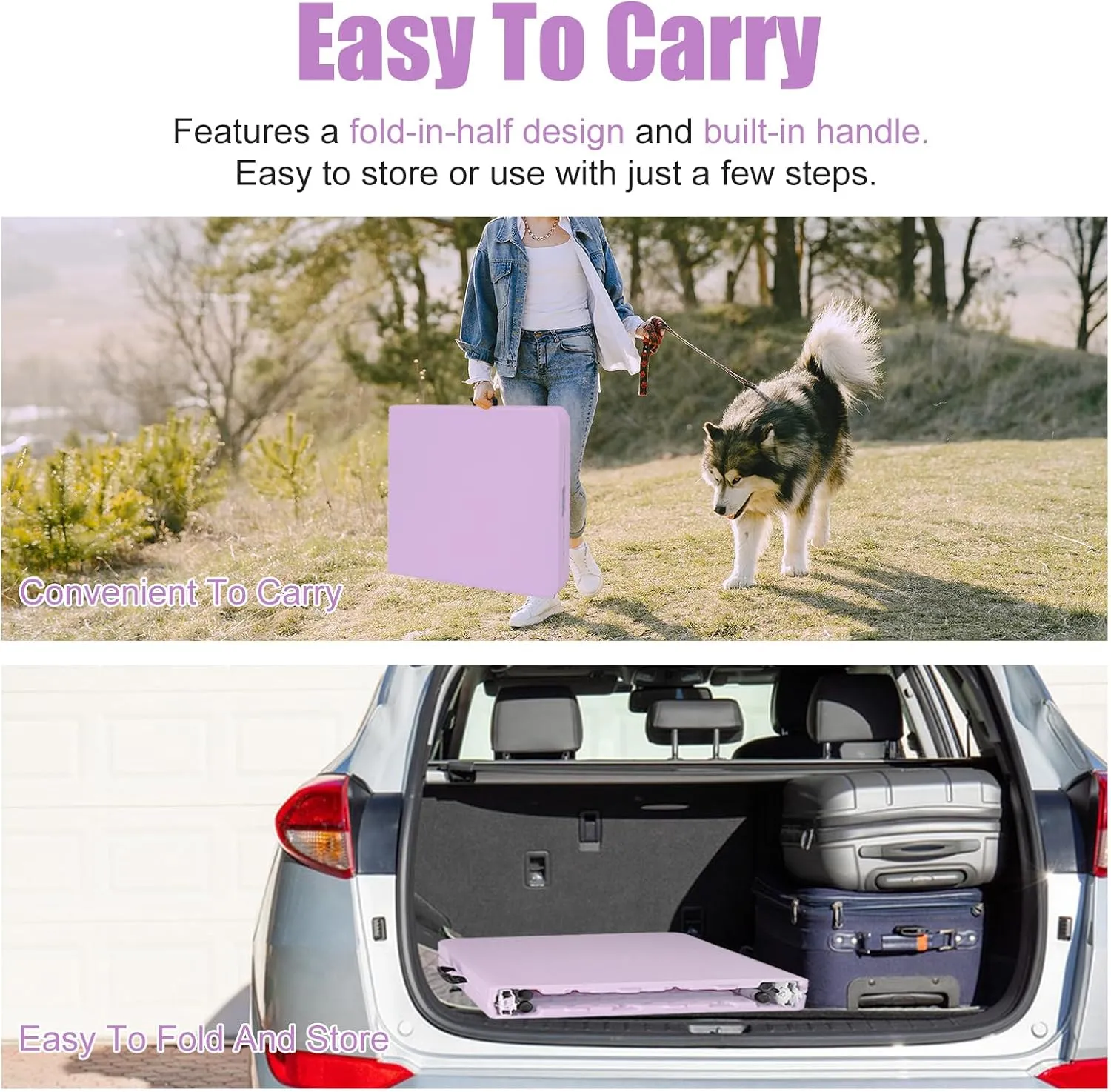 4 FT Folding Table with Carry Handle, Portable Fold-in-Half Plastic Table, Rectangle Foldable Table for Indoor/Outdoor Purple