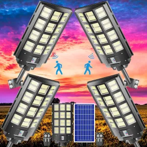 4-Pack 8000W,240000LM Solar Street Light,Wide Angle Lamp, Waterproof IP67,with Remote Control & Motion Sensor,The Ultimate Lighting Solution for Parking Lots and Beyond