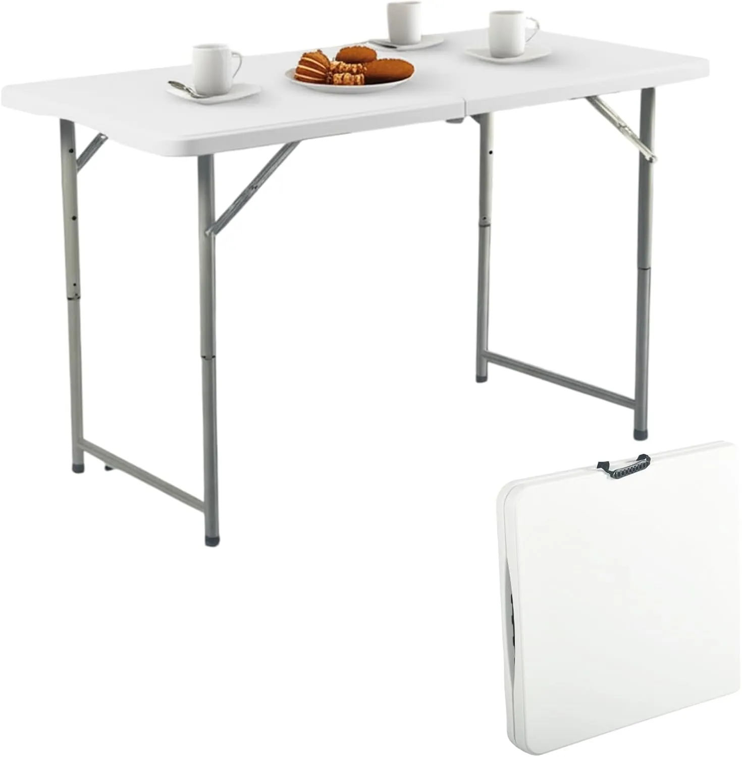 4FT Plastic Folding Table Adjustable Height, Heavy Duty Portable Utility Table with Handle, for Indoor Outdoor Use, Picnic, Camping, Dining, Wedding, Party, Event Display，White (4 FT)