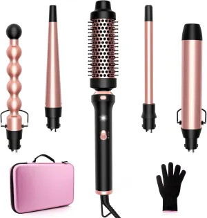 5 in 1 Curling Iron with Interchangeable Ceramic Barrels 0.5-1.5 Inch, Curling Wand Set with Thermal Brush & EVA Travel Case, Dual Voltage Instant Heat Up Hair Curlers, Womens Gifts