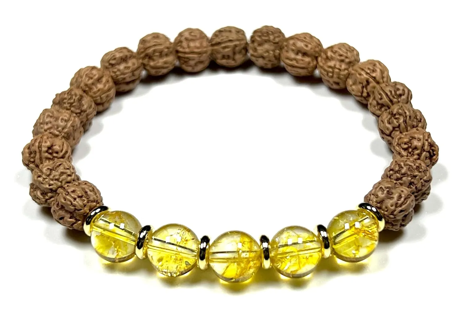 5 Mukhi (5 Faces) Chikna Rudraksha and Citrine Stretch Bracelet | November Birthstone for Sagittarius and Scorpio | Solar Plexus Chakra (Wrist Size 8 Inches)
