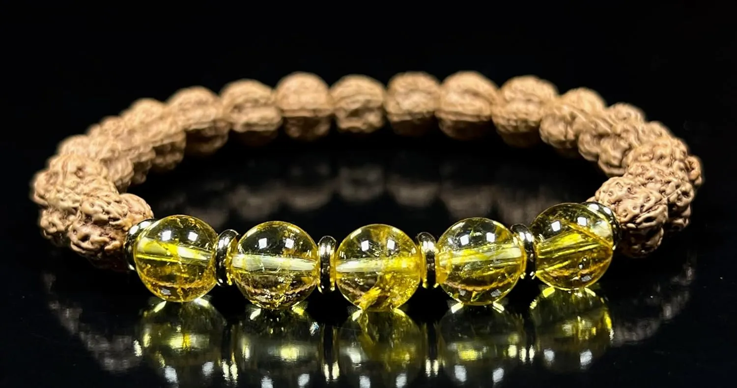 5 Mukhi (5 Faces) Chikna Rudraksha and Citrine Stretch Bracelet | November Birthstone for Sagittarius and Scorpio | Solar Plexus Chakra (Wrist Size 8 Inches)