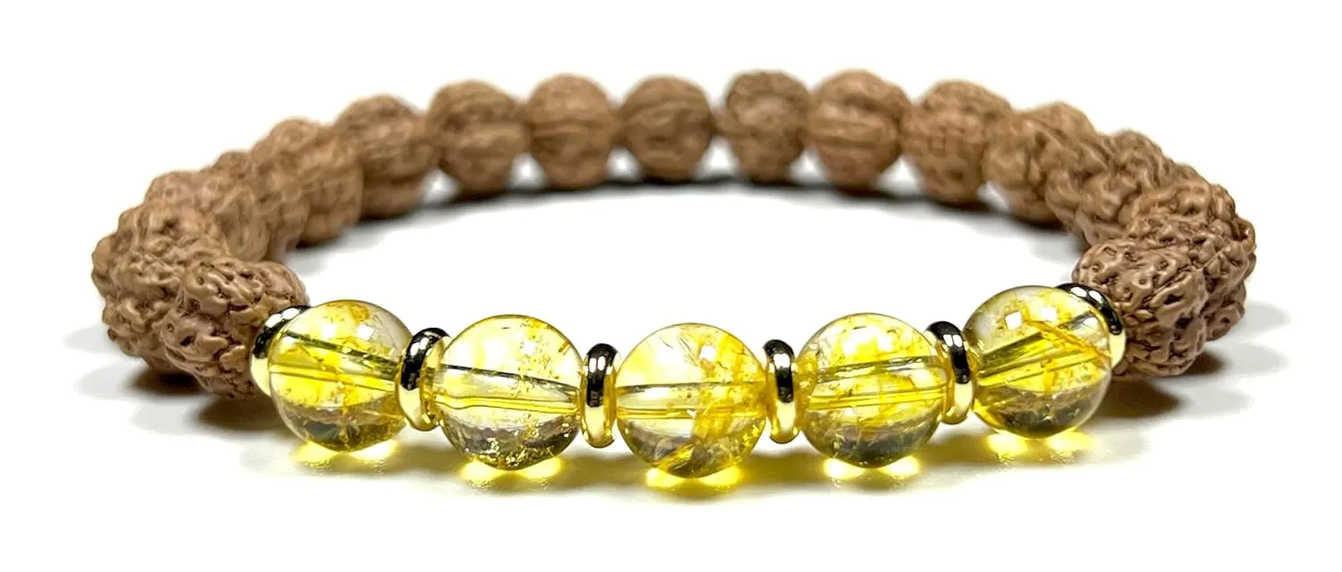 5 Mukhi (5 Faces) Chikna Rudraksha and Citrine Stretch Bracelet | November Birthstone for Sagittarius and Scorpio | Solar Plexus Chakra (Wrist Size 8 Inches)