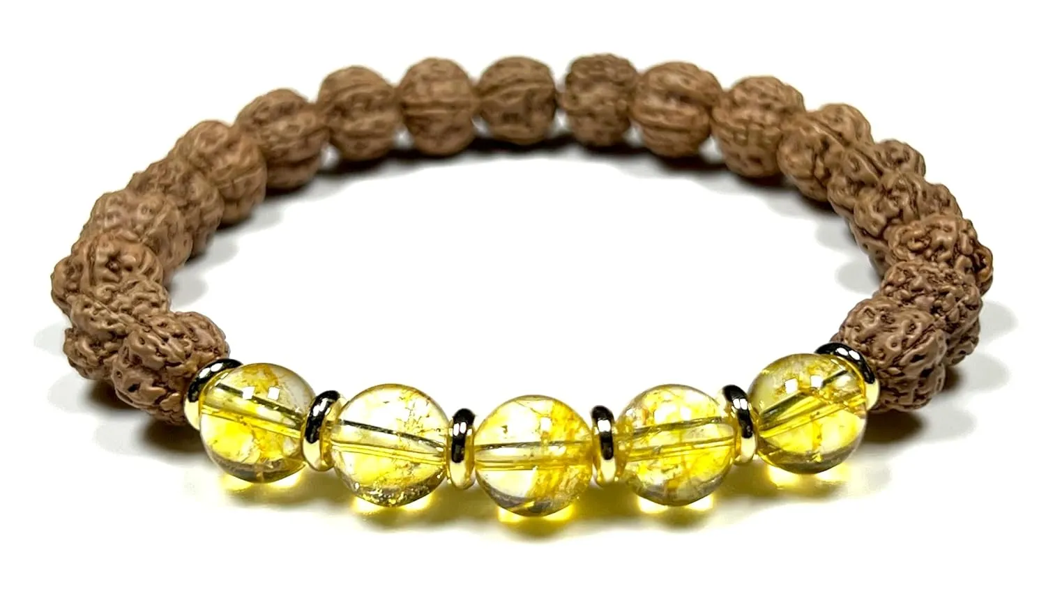 5 Mukhi (5 Faces) Chikna Rudraksha and Citrine Stretch Bracelet | November Birthstone for Sagittarius and Scorpio | Solar Plexus Chakra (Wrist Size 8 Inches)