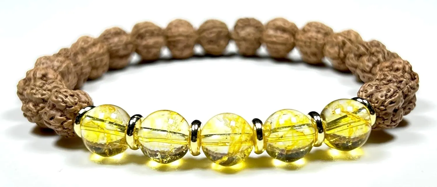 5 Mukhi (5 Faces) Chikna Rudraksha and Citrine Stretch Bracelet | November Birthstone for Sagittarius and Scorpio | Solar Plexus Chakra (Wrist Size 8 Inches)