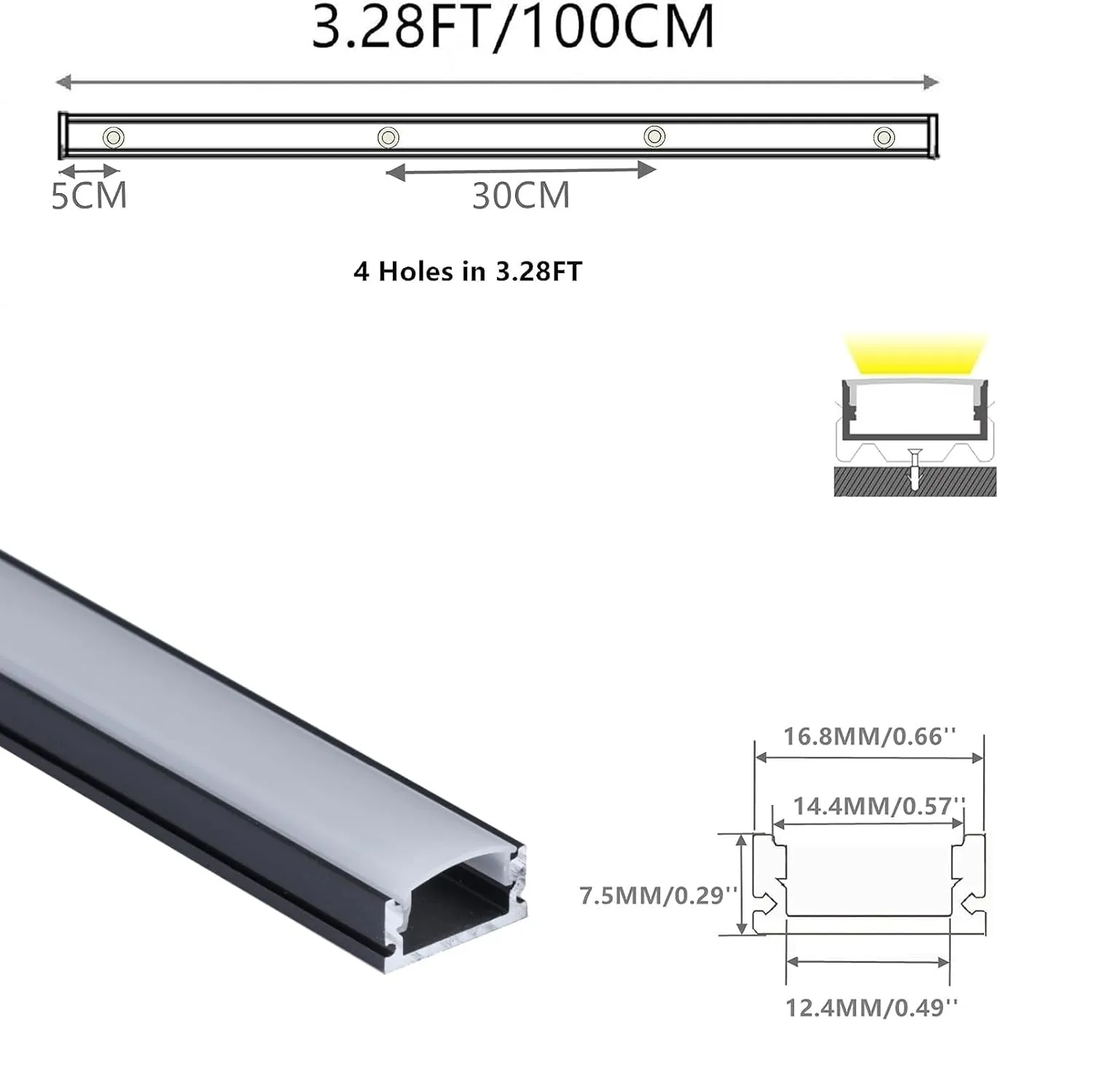 5-Pack 3.28FT Pre-Drilled Countersunk Hole LED Strip U Channel Diffuser, Matte Black Flush Mounted Under Cabinet Tape Light Aluminum Low Profile with Milky Cover (5, 3.28FT)