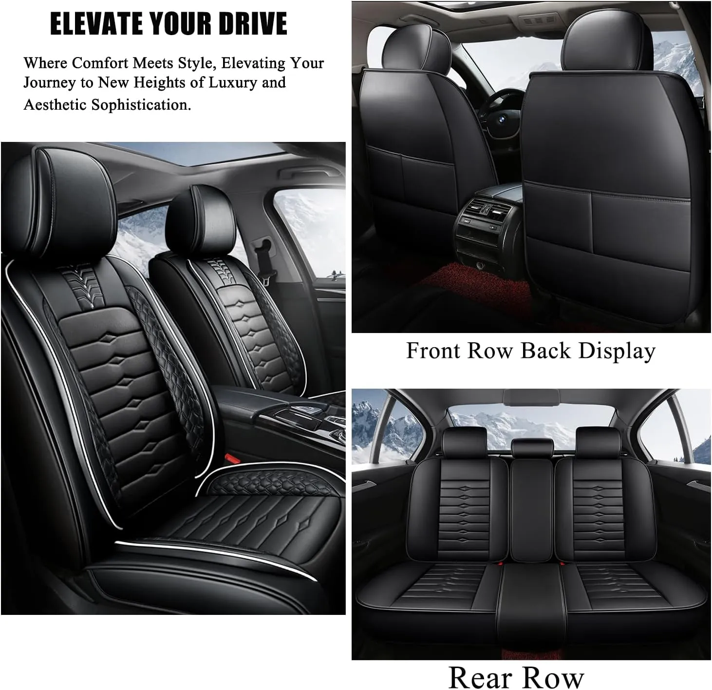 5 Seat Covers for Hyundai Elantra 2002-2024 Napa Leather Seat Covers Water and Dust Resistant Soft Car Seat Protectors Comfortable Car Seat Covers with Airbags (Black White Bars, Luxury)