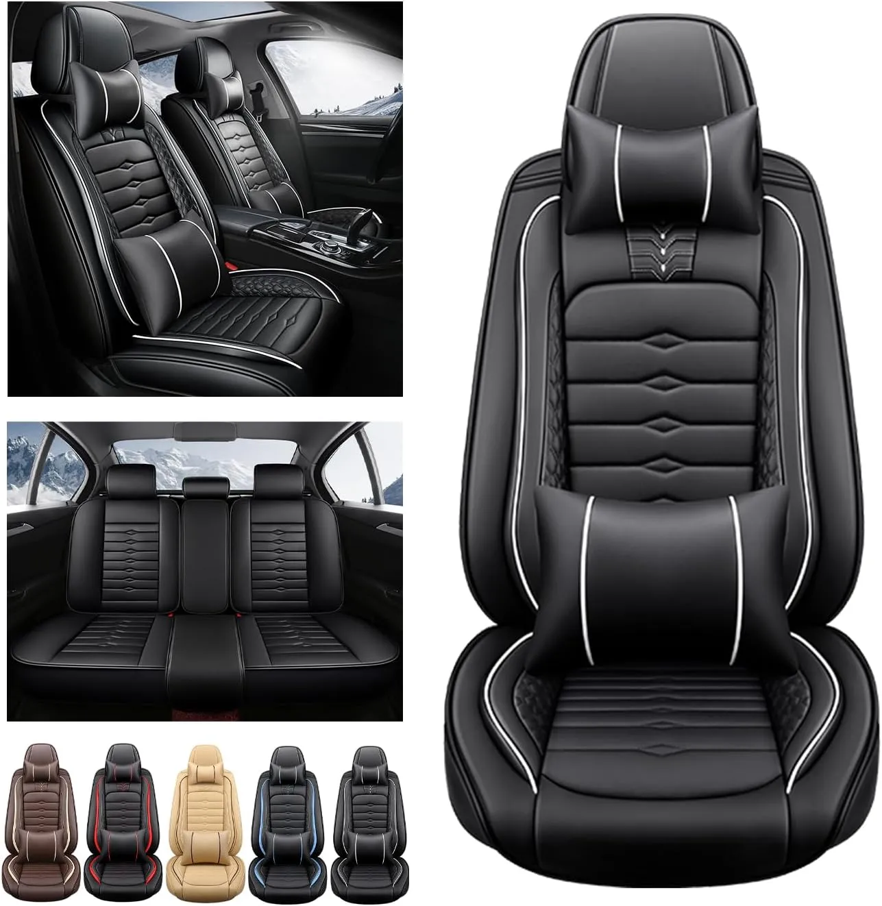5 Seat Covers for Hyundai Elantra 2002-2024 Napa Leather Seat Covers Water and Dust Resistant Soft Car Seat Protectors Comfortable Car Seat Covers with Airbags (Black White Bars, Luxury)