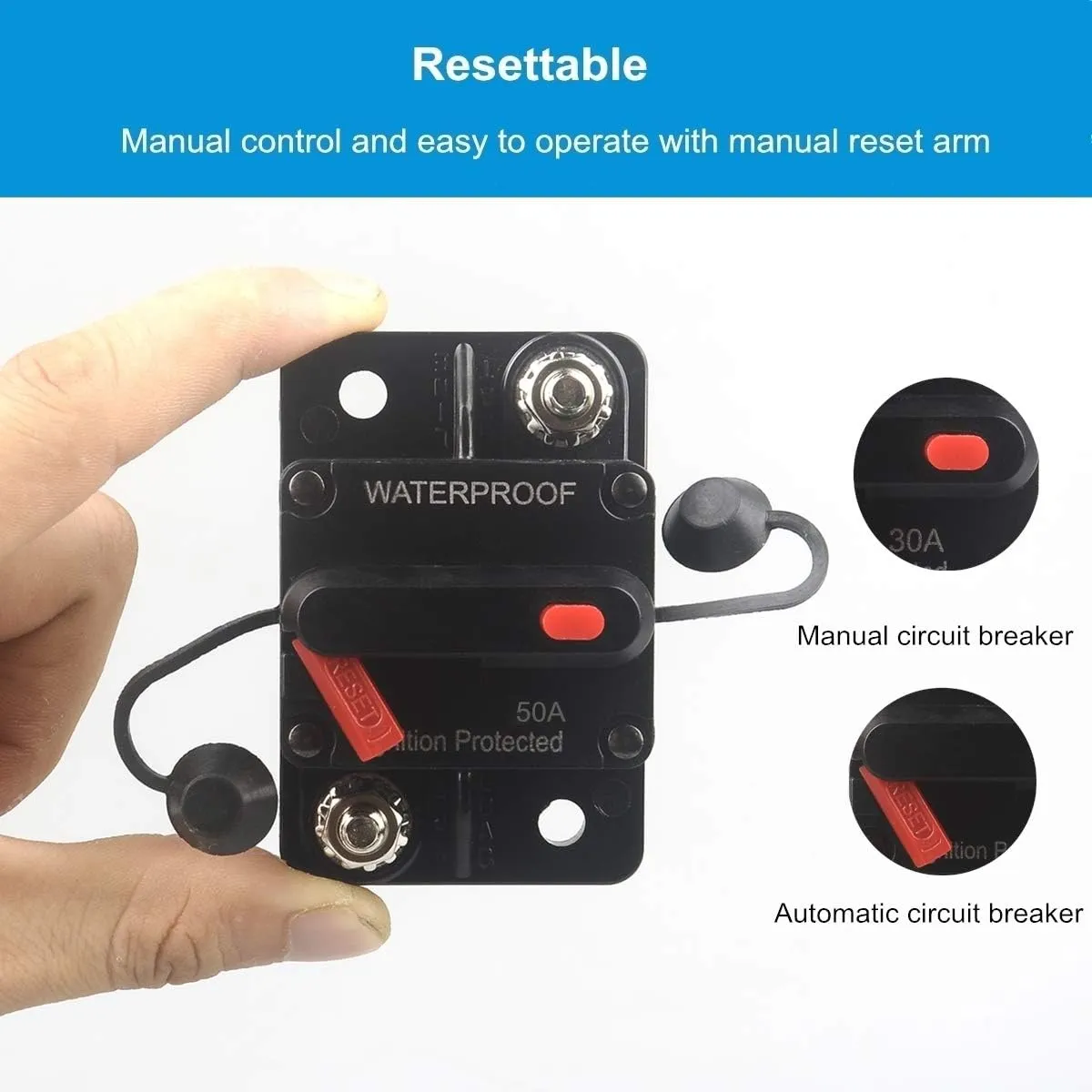 50 Amp Circuit Breaker with Manual Reset 12V-36V DC Waterproof Surface Mount for Car Audio Rv Marine Boat Truck Trolling Motors, 30-300A Car Speaker Resettable Fuse