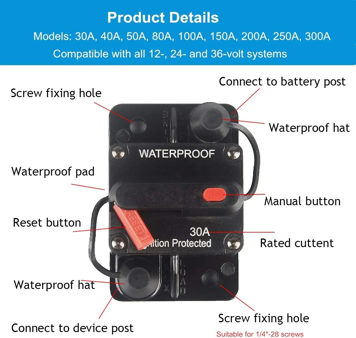 50 Amp Circuit Breaker with Manual Reset 12V-36V DC Waterproof Surface Mount for Car Audio Rv Marine Boat Truck Trolling Motors, 30-300A Car Speaker Resettable Fuse