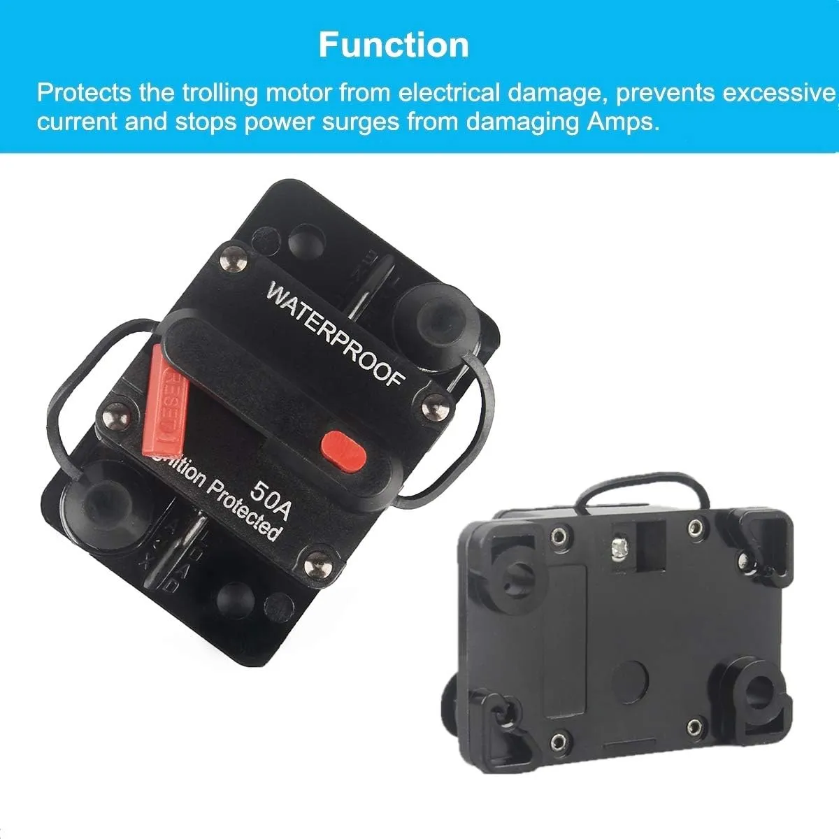 50 Amp Circuit Breaker with Manual Reset 12V-36V DC Waterproof Surface Mount for Car Audio Rv Marine Boat Truck Trolling Motors, 30-300A Car Speaker Resettable Fuse