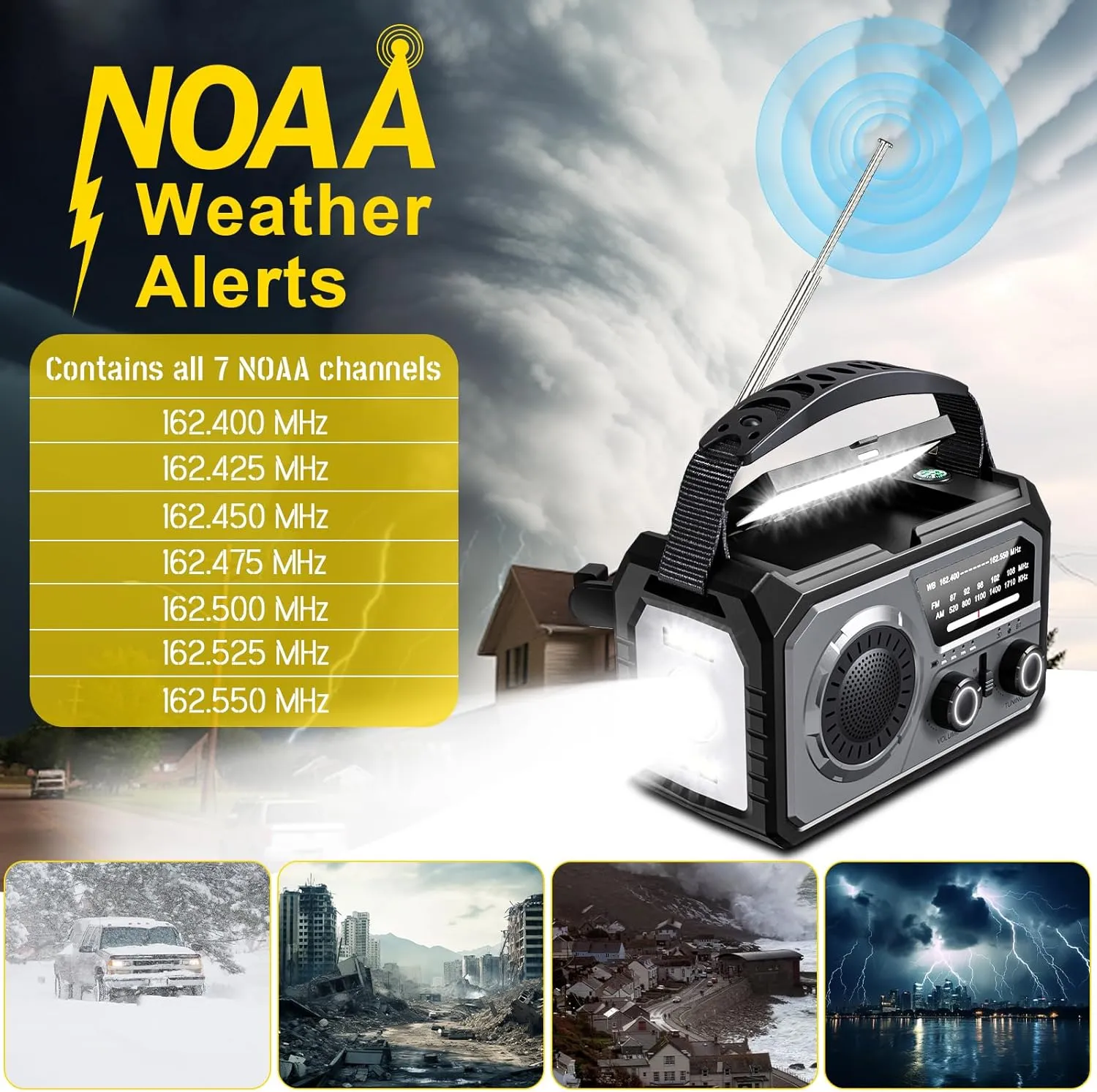 59200mWh Emergency Radio - 16000mAh Portable Solar Hand Crank NOAA/AM/FM Weather Radio with Battery Powered & USB Charger,SOS Alarm,Flashlight, Reading Lamp for Outdoor Camping,Storm,Survival Kits