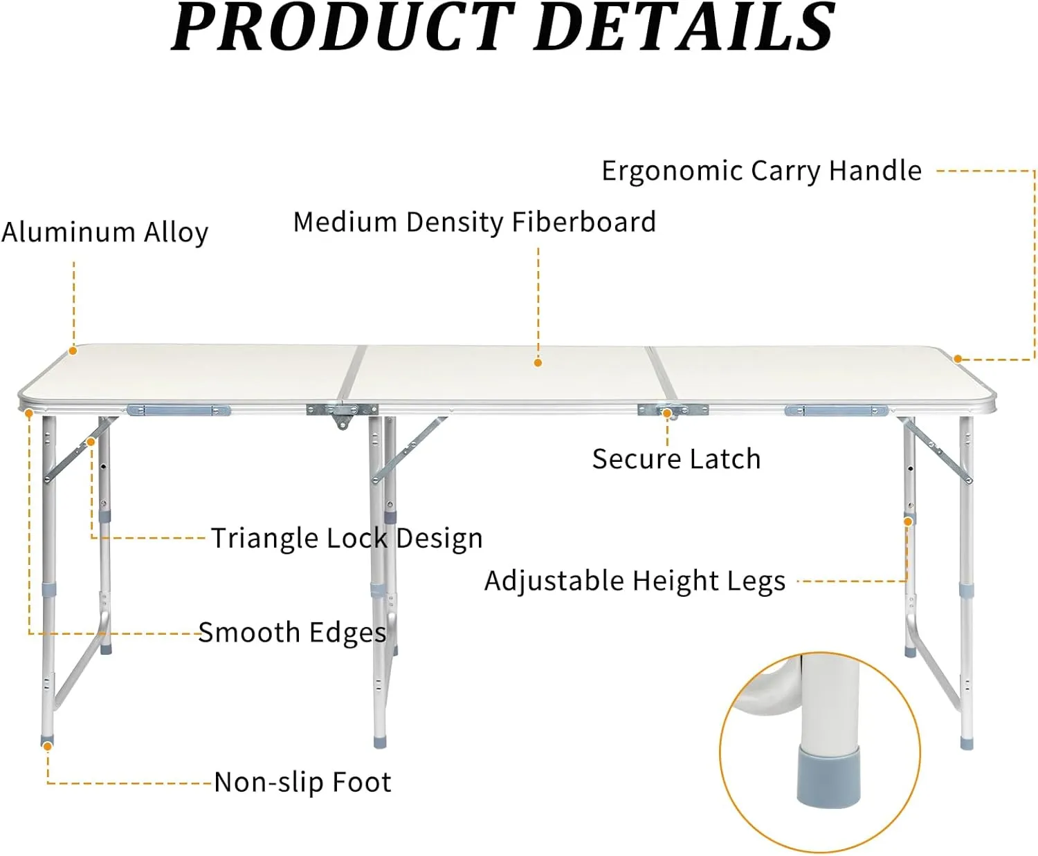 6.0 Ft Folding Portable Camping Table, Adjustable Height, Outdoor Waterproof Aluminum Lightweight Suitcase Table for Picnic, BBQ, Beach, Dining