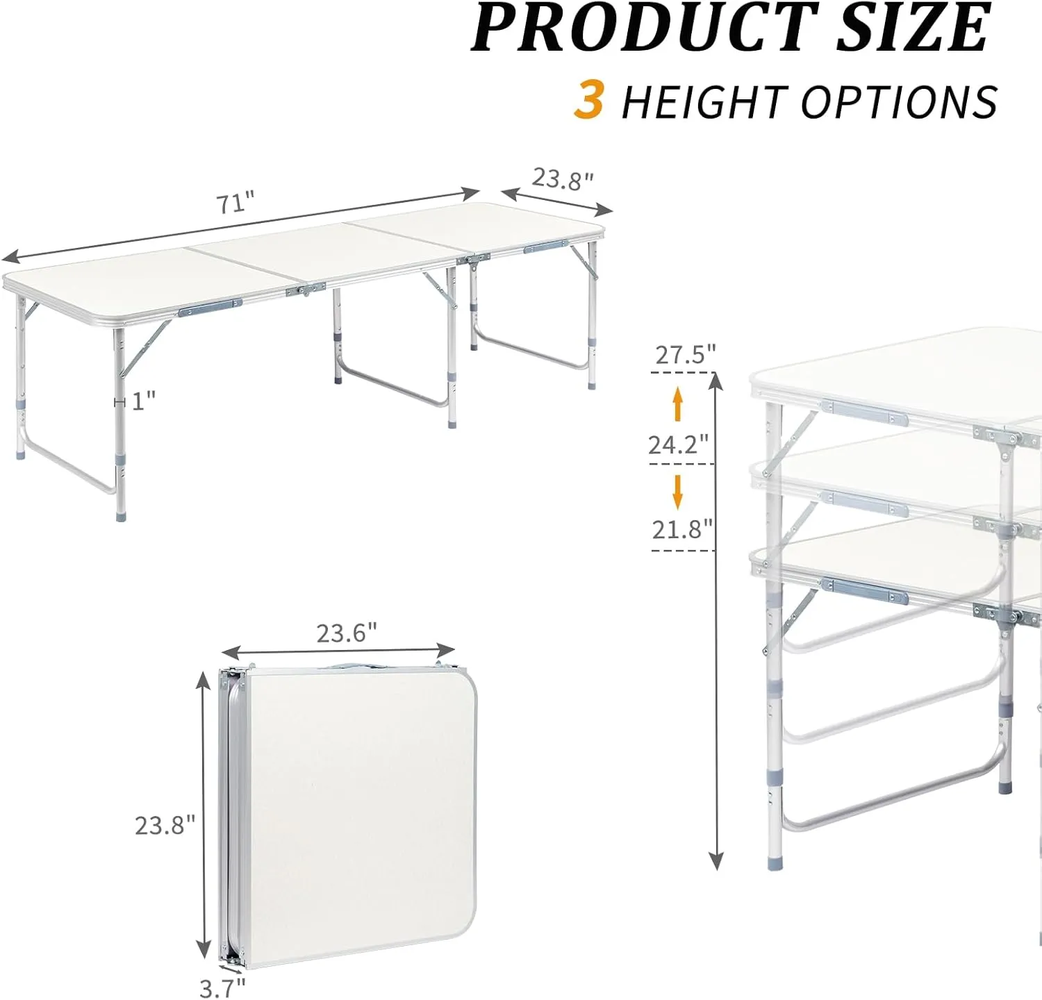 6.0 Ft Folding Portable Camping Table, Adjustable Height, Outdoor Waterproof Aluminum Lightweight Suitcase Table for Picnic, BBQ, Beach, Dining