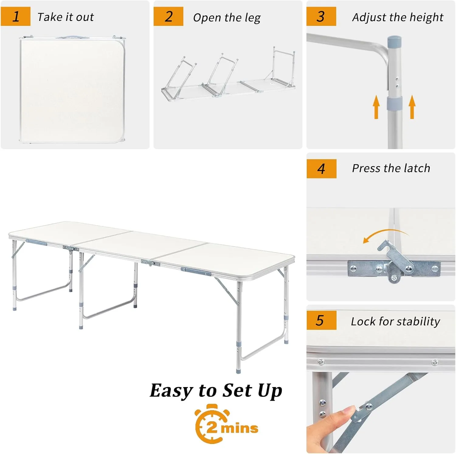 6.0 Ft Folding Portable Camping Table, Adjustable Height, Outdoor Waterproof Aluminum Lightweight Suitcase Table for Picnic, BBQ, Beach, Dining