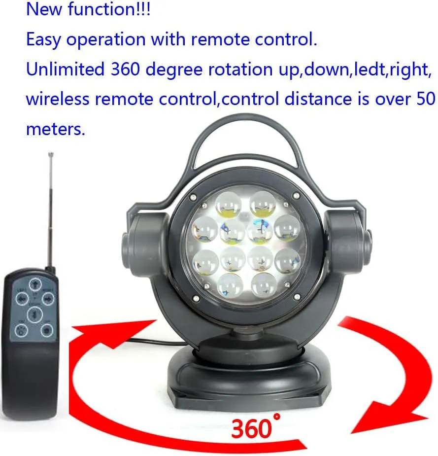 60w Remote Control Led Searchlight Marine Boat Portable 360 Degrees Rotating Remote Control 9-32V Work Light Spot Light Fog Lights Offroad Lights for SUV ATV 4wd Truck Boat Led Spotlight