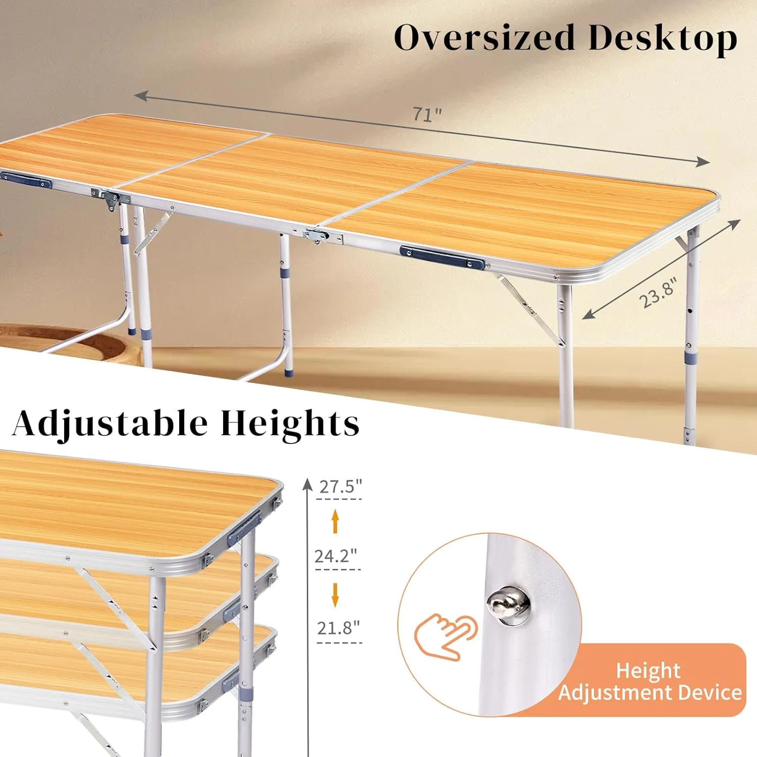 6ft Aluminum Alloy Folding Camping Table with Carry Handle, Heights Adjustable Portable Utility Table, Outdoor Table for Kitchen, BBQ, Picnic, Beach, Garden, Party, Wedding, Events (wood grain)