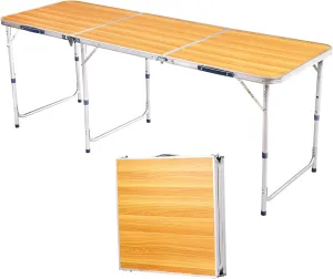 6ft Aluminum Alloy Folding Camping Table with Carry Handle, Heights Adjustable Portable Utility Table, Outdoor Table for Kitchen, BBQ, Picnic, Beach, Garden, Party, Wedding, Events (wood grain)