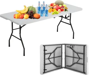 6FT Plastic Folding Table - Portable, Foldable Indoor/Outdoor Fold Up Table for Eating, Camping and Party, White