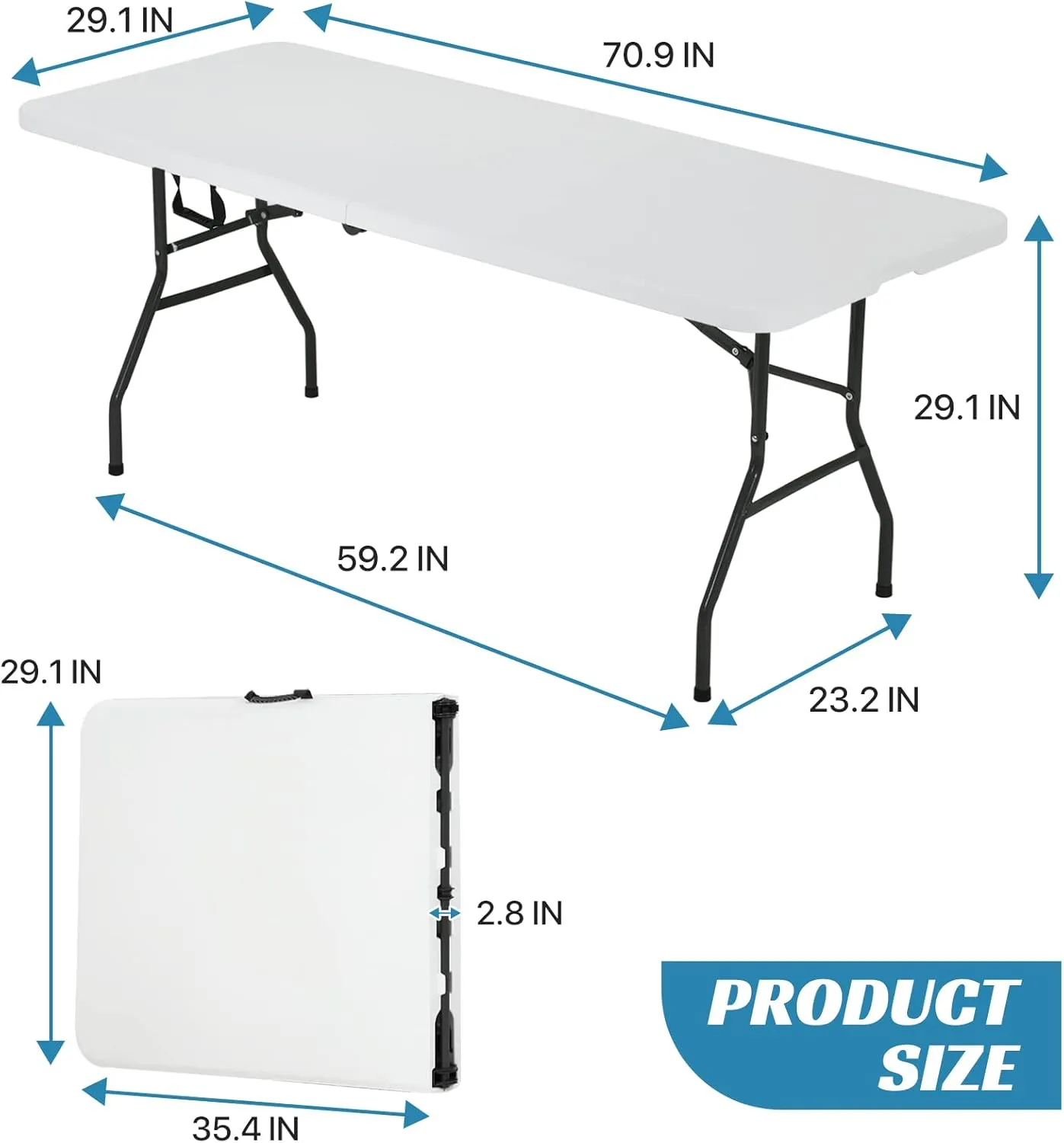 6FT Plastic Folding Table - Portable, Foldable Indoor/Outdoor Fold Up Table for Eating, Camping and Party, White