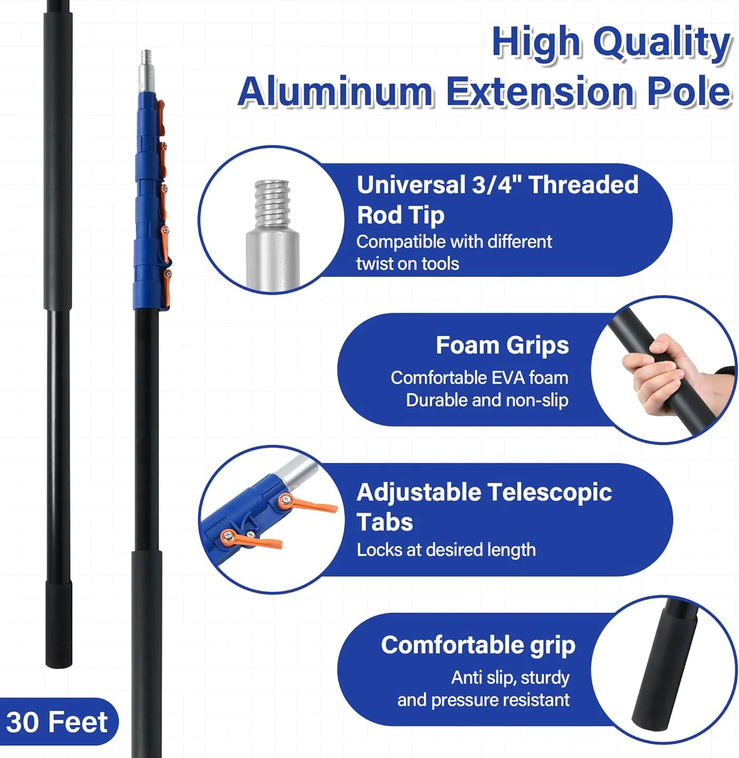 7-30FT Reach Telescoping Extension Pole, Multi-Purpose Extendable Pole with Universal Twist-on Metal Tip for Hanging Light Bulb Changer, Paint Roller, Duster, Window/Gutter Cleaning (7-30FT)