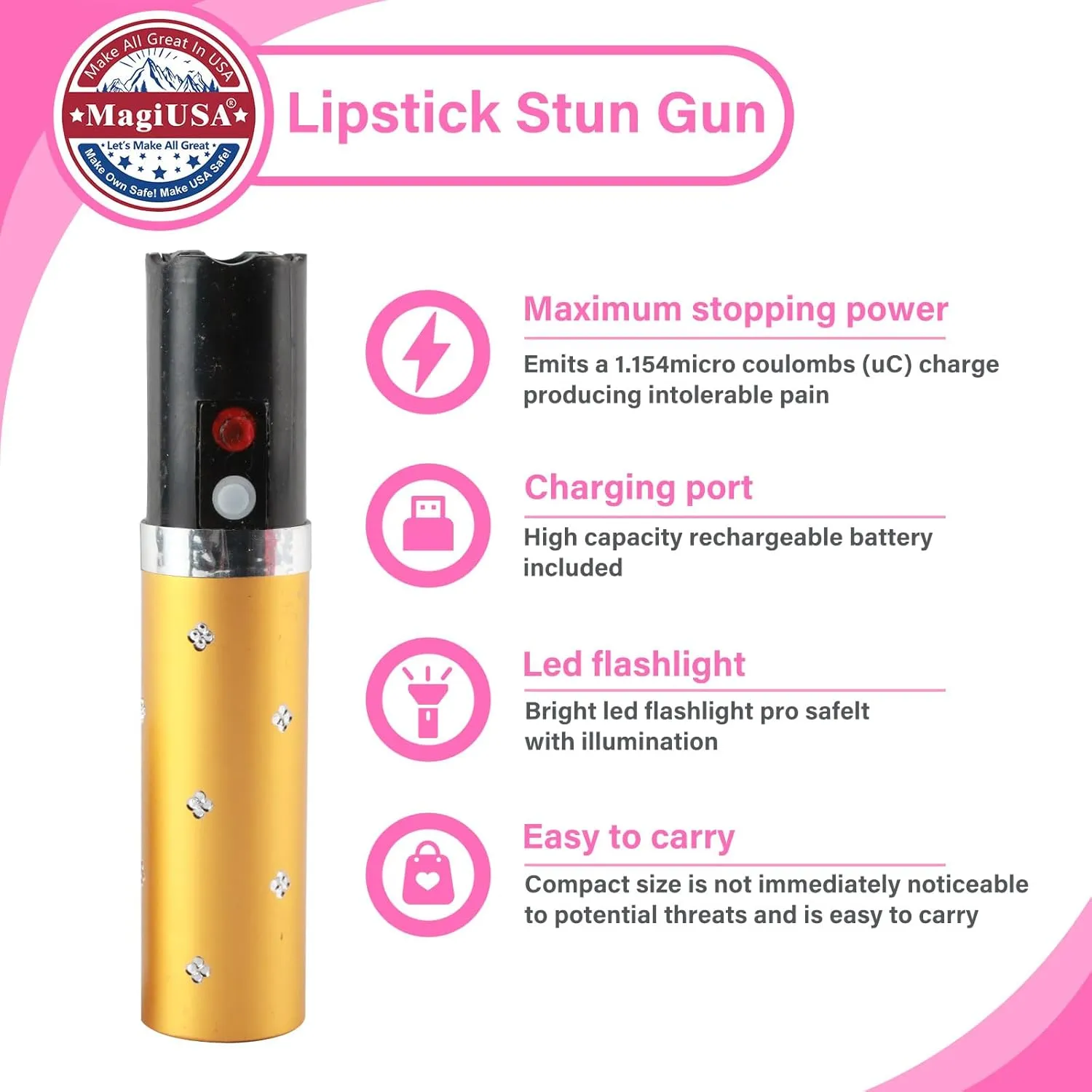 7 Colors MagiUSA Lipstick Stun Device Flashlight Self Defense for Women – Compact Non Less Lethal Safety Keychain Tool Available in – Stylish, Discreet, Gift-Ready, Travel Friendly