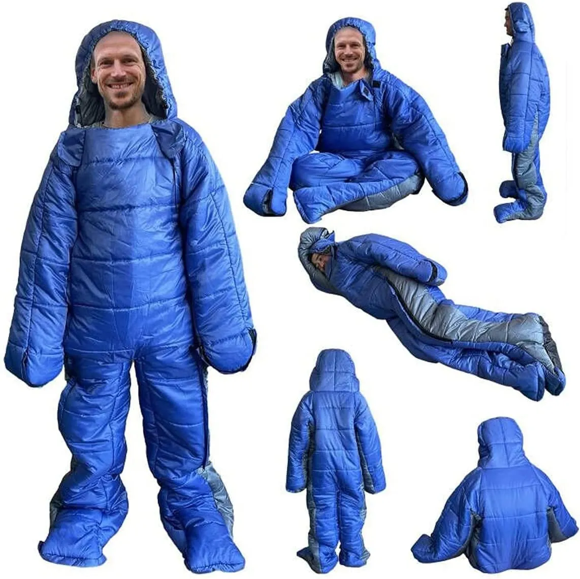 72" Large Wearable Human Sleeping Bag Zipped Foot Opening Design Free Size Ultralight Hoodie Quilted Warm Thermal Coat for Adults Winter or Outdoor 4 Season Camping