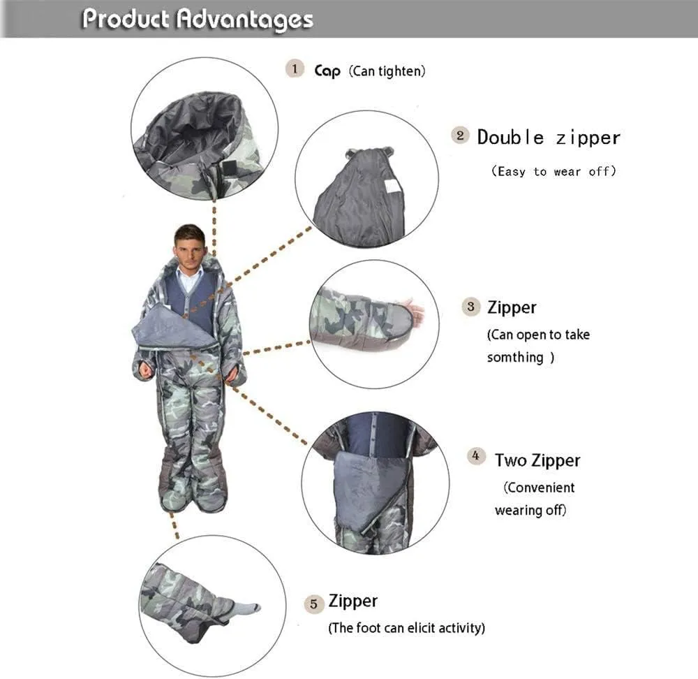 72" Large Wearable Human Sleeping Bag Zipped Foot Opening Design Free Size Ultralight Hoodie Quilted Warm Thermal Coat for Adults Winter or Outdoor 4 Season Camping