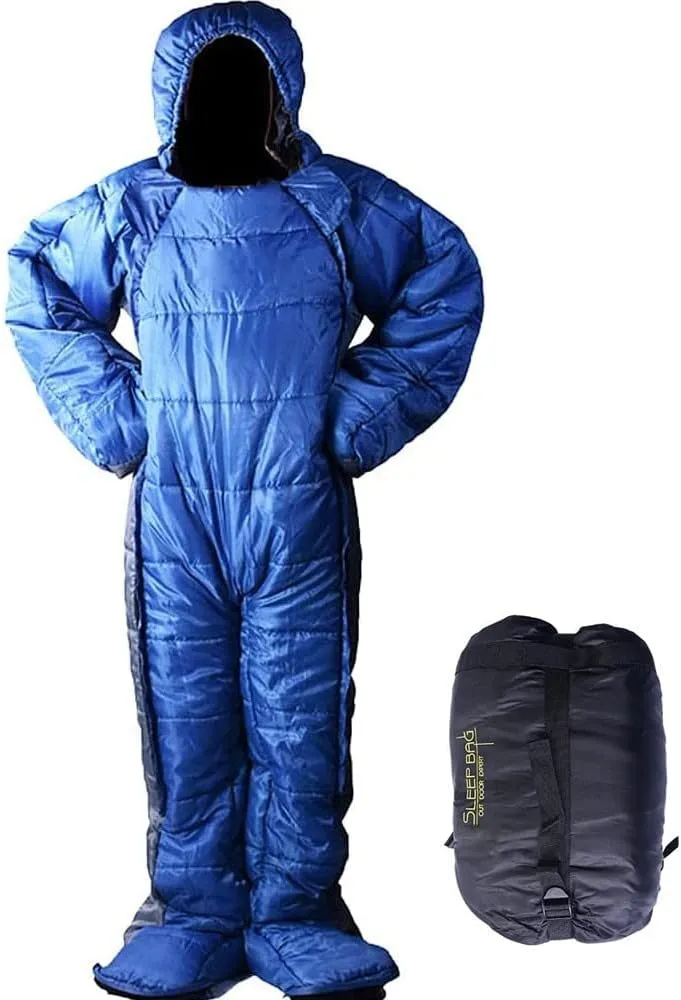 72" Large Wearable Human Sleeping Bag Zipped Foot Opening Design Free Size Ultralight Hoodie Quilted Warm Thermal Coat for Adults Winter or Outdoor 4 Season Camping
