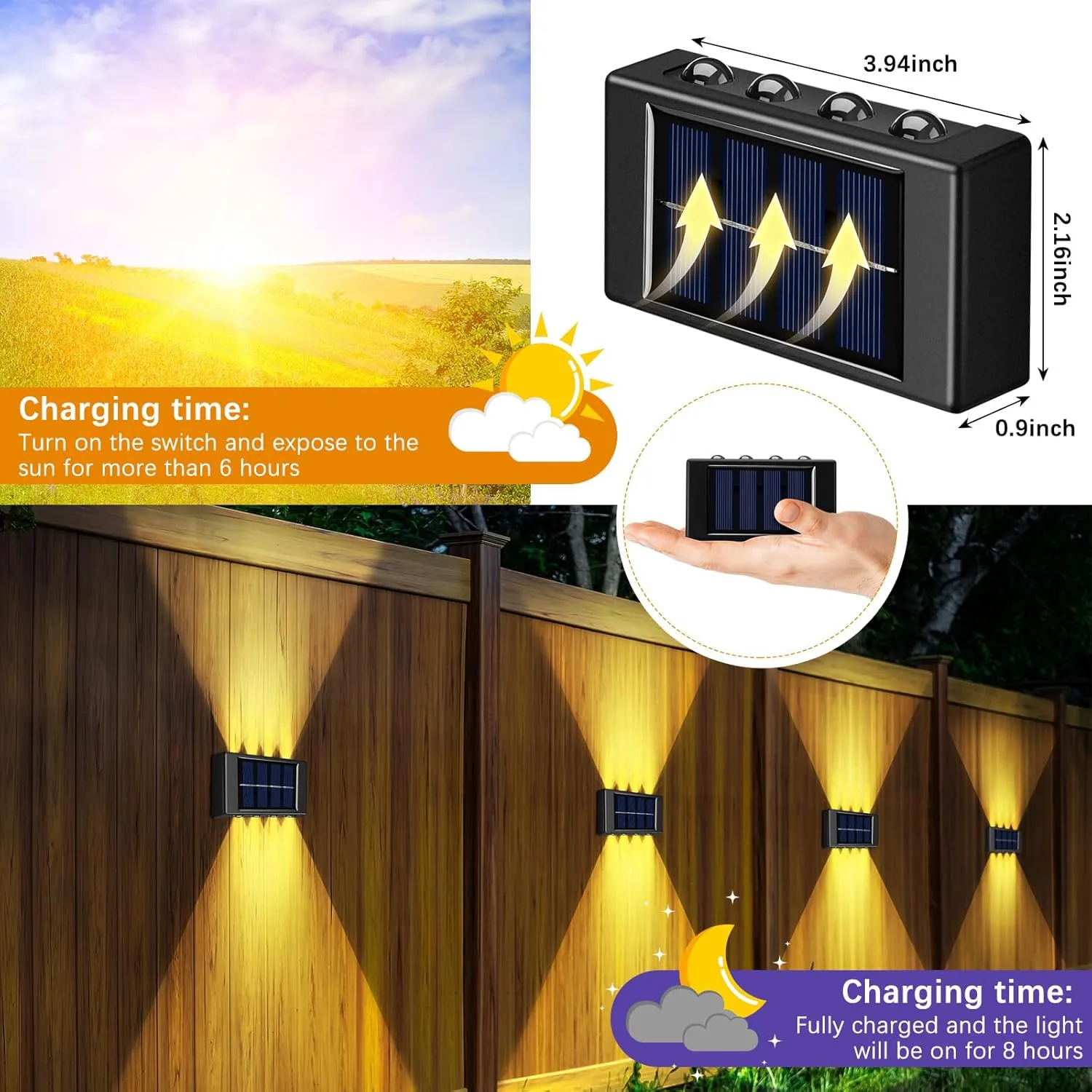 8 Pack Solar Wall Lights for Outside Solar Fence Lights Up and Down Fence LED Outdoor Decorative Waterproof Lamps Dusk to Dawn LED Lighting Wall Sconces for Outside Walkway Backyard Deck(Warm Light)