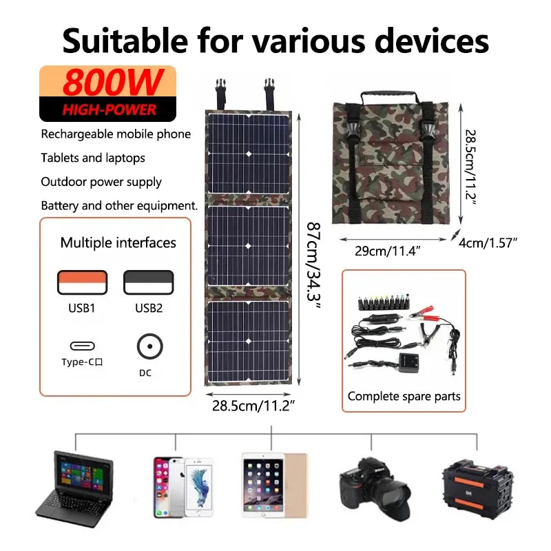 800W Foldable Solar Panel Kit with MPPT Controller — Portable Power Station & Generator Charger (18V) for Camping, Car, Boat, and RV Use