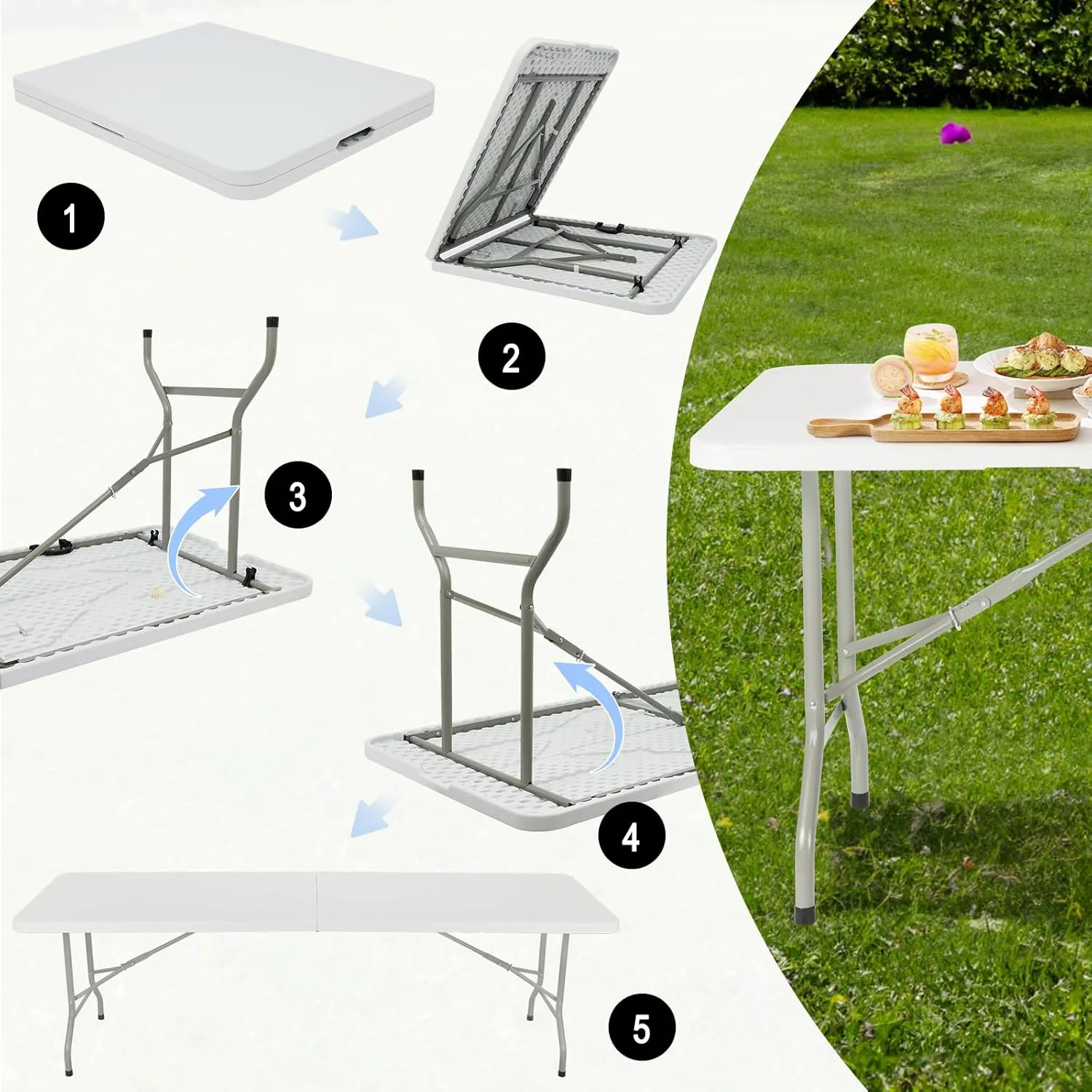 8ft Heavy Duty Portable Folding Table - Plastic Dining Table Indoor/Outdoor White Plastic Table for Parties, BBQs, and Camping