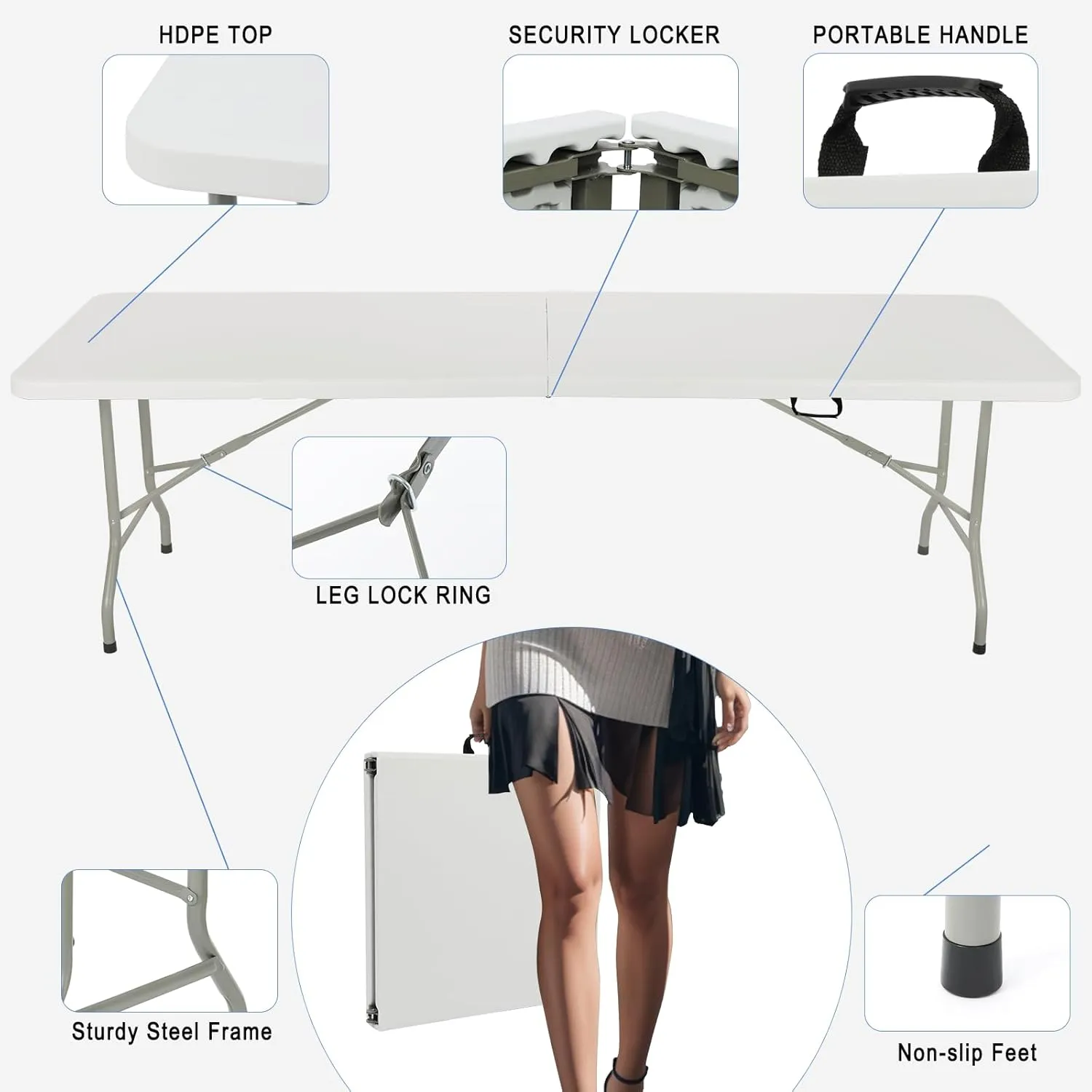 8ft Heavy Duty Portable Folding Table - Plastic Dining Table Indoor/Outdoor White Plastic Table for Parties, BBQs, and Camping