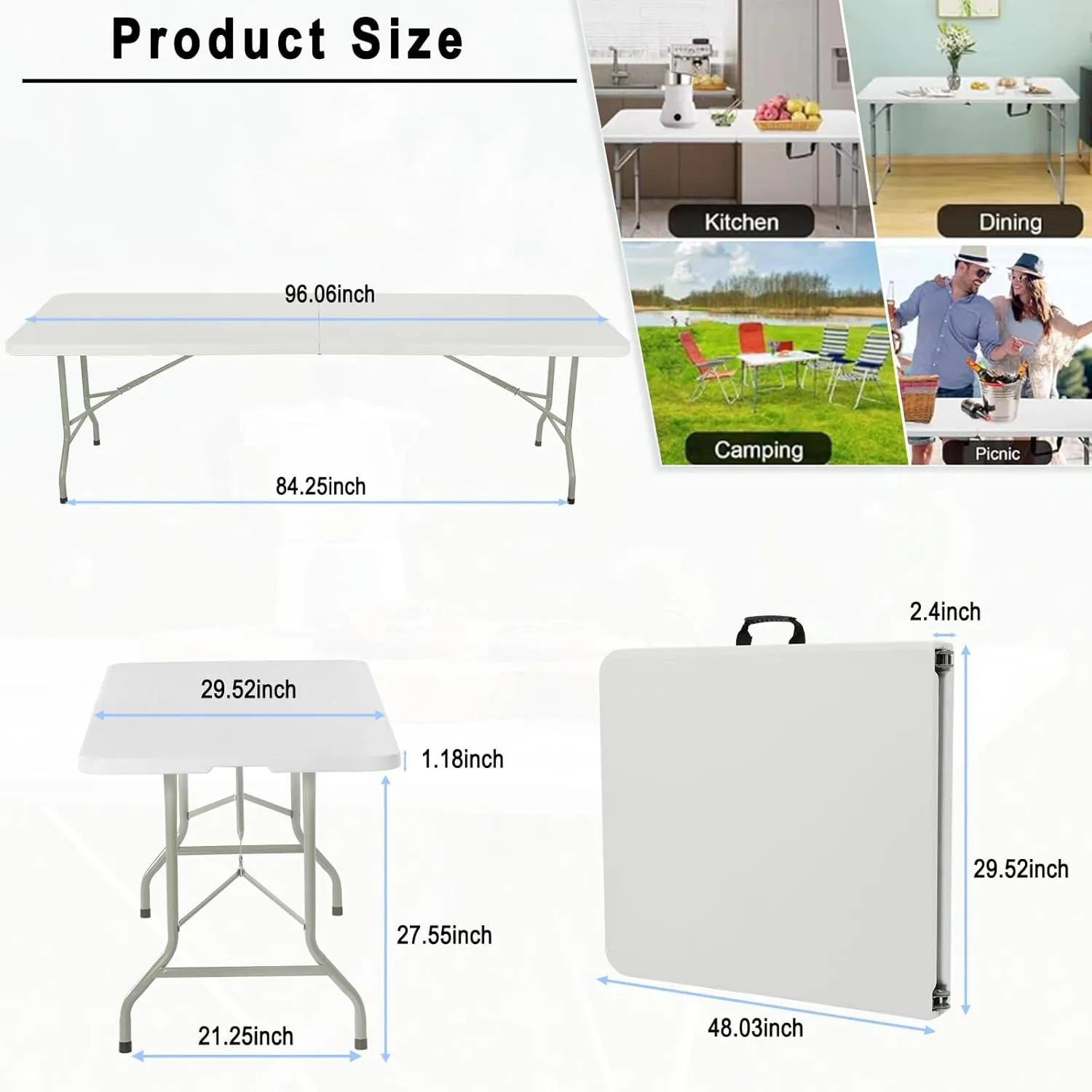 8ft Heavy Duty Portable Folding Table - Plastic Dining Table Indoor/Outdoor White Plastic Table for Parties, BBQs, and Camping
