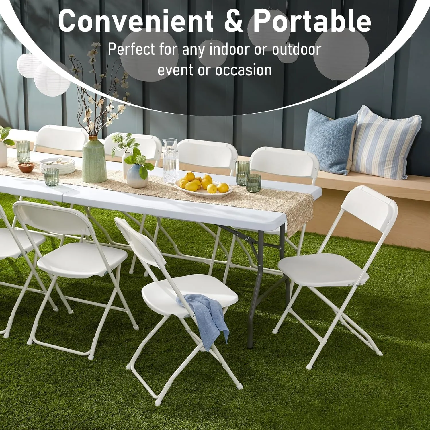 8ft Heavy Duty Portable Folding Table - Plastic Dining Table Indoor/Outdoor White Plastic Table for Parties, BBQs, and Camping