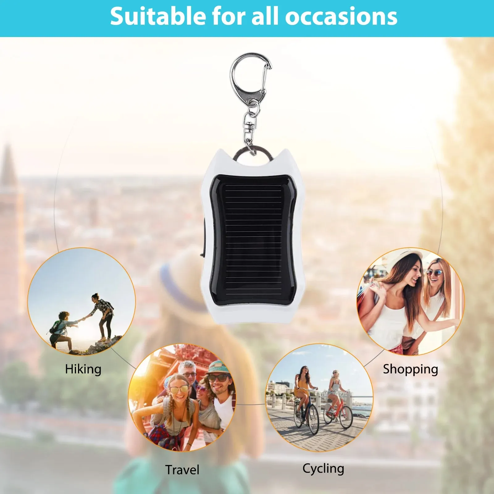 950mAh Solar Keychain Power Bank with 3 LED Lights, Universal Fast Charging Portable USB External Battery