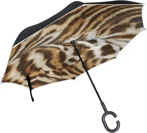 ABLINK ALAZA Hipster Forest Leopard View Windproof UV Proof Reverse Folding Umbrella, Double Layer Travel Inverted Umbrella with C Shape Handle for Car Use