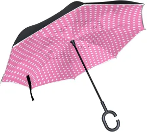 ABLINK ALAZA Stylish Pink Polka Dot Windproof UV Proof Reverse Folding Umbrella, Double Layer Travel Inverted Umbrella with C Shape Handle for Car Use